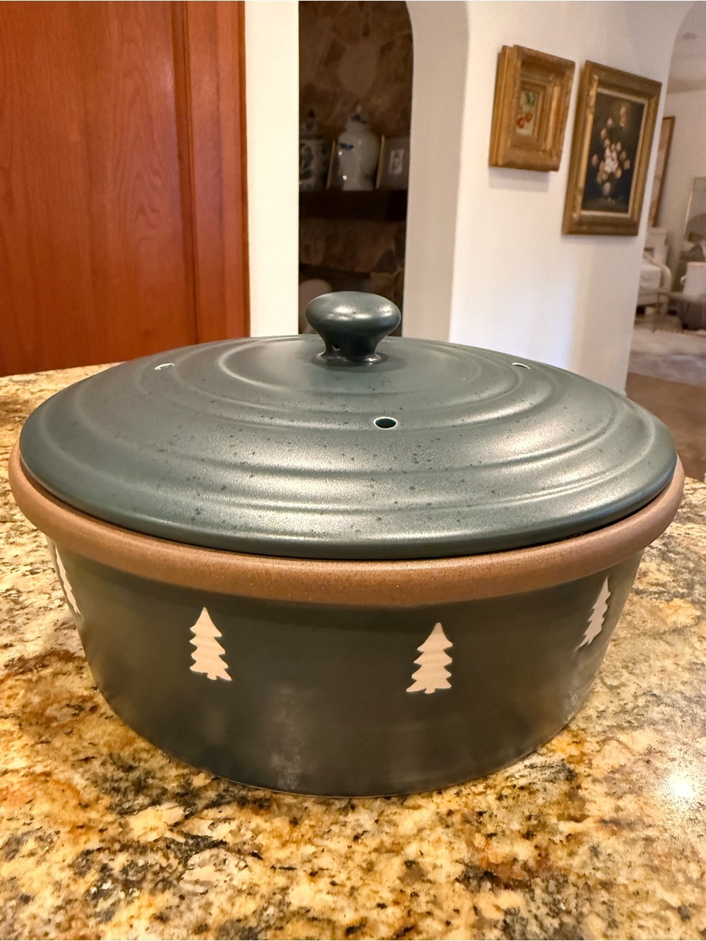 Green Ceramic Pancake Dish with Tree Motif